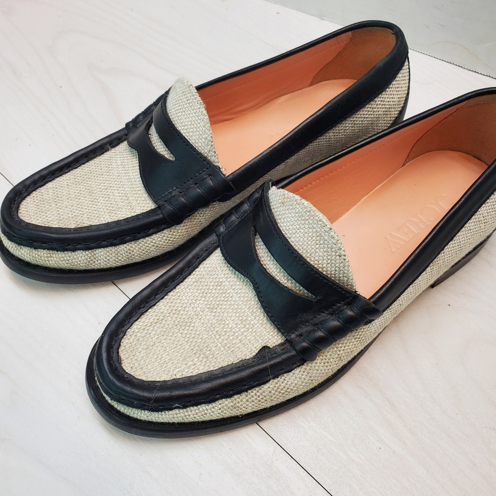 J.Crew Womens Black Cream Leather Textile Penny Loafers Flats Size 7 Old Money
